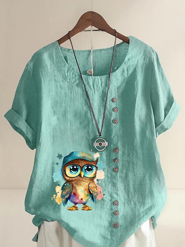 Women's Fashion Cool Owl Print Round Neck Short Sleeve T-shirt Casual Cotton Linen Graphic Shirt Leisure Loose Summer Blouse Tops