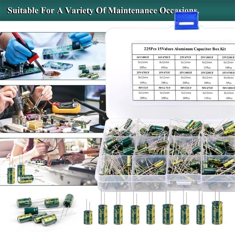 225PCS Assorted Aluminum Capacitors Comprehensive Capacitor Set Simple to Operate for DIY Electronic Projects & Repairs