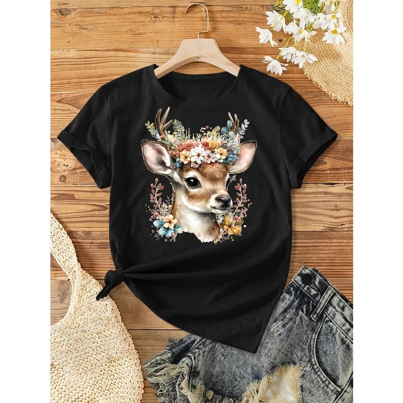 

European Size Women S Vintage Deer Print T-Shirt with Floral Crown - Casual Round Neck Short Sleeve Tee for All Seasons, Medium Stretch Fabric 4XL
