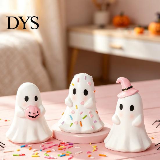 Cute Home Accessory Halloween Ghost Resin Figurine, Candy Pumpkin Witch Hat Ornament Desk Decor for Girls, Pink White Kawaii Tabletop Desktop