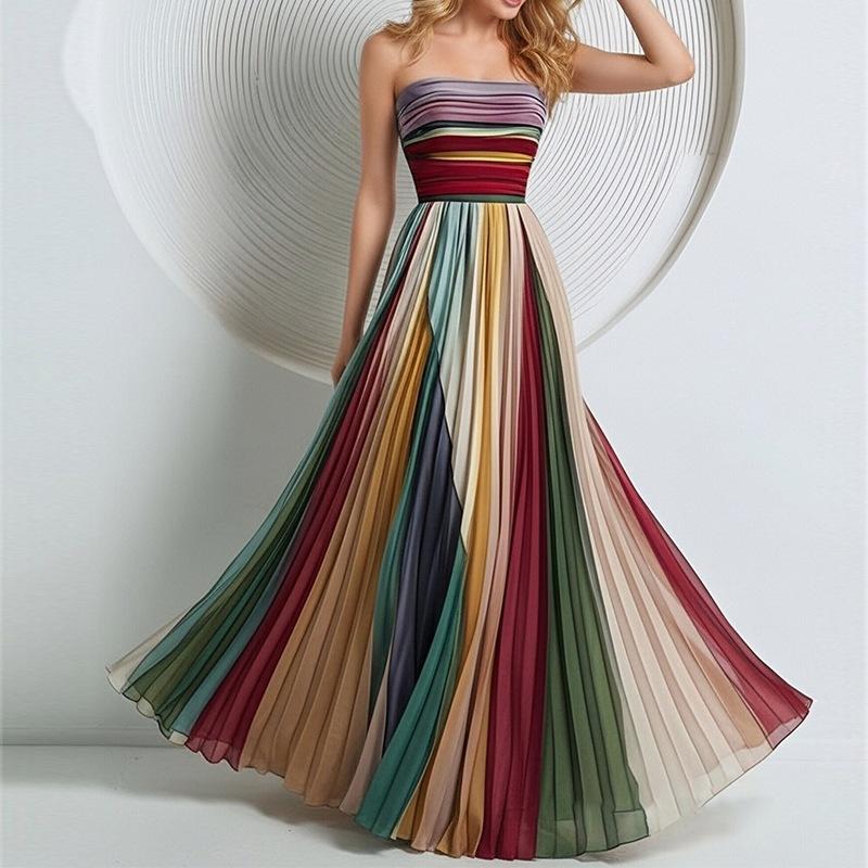 Summer new women's clothing, European and American dresses, fashionable and elegant waist pleated printed dresses