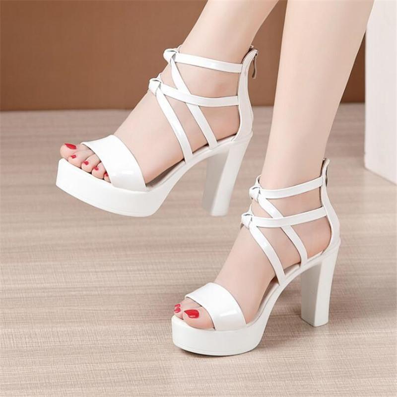 Platform Heels Shoes Women Sandals Female High Hees Shoes Buckle Cross with Zipper Wedding Shoes Block Heel Shoes Ladies Sandals