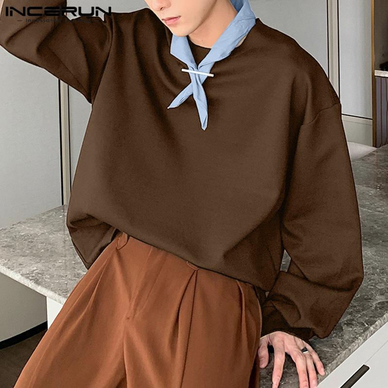 INCERUN Men O Neck Tie Up Long Sleeve Casual Loose Pullovers Oversized Sweatshirts