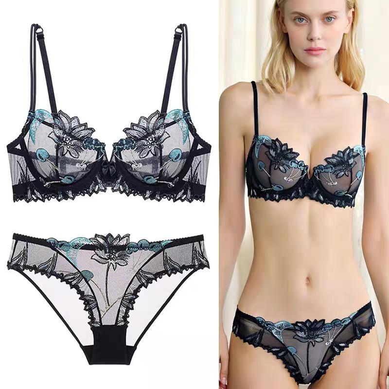 European and American Sexy Lingerie Transparent Mesh Embroidered Bra Set