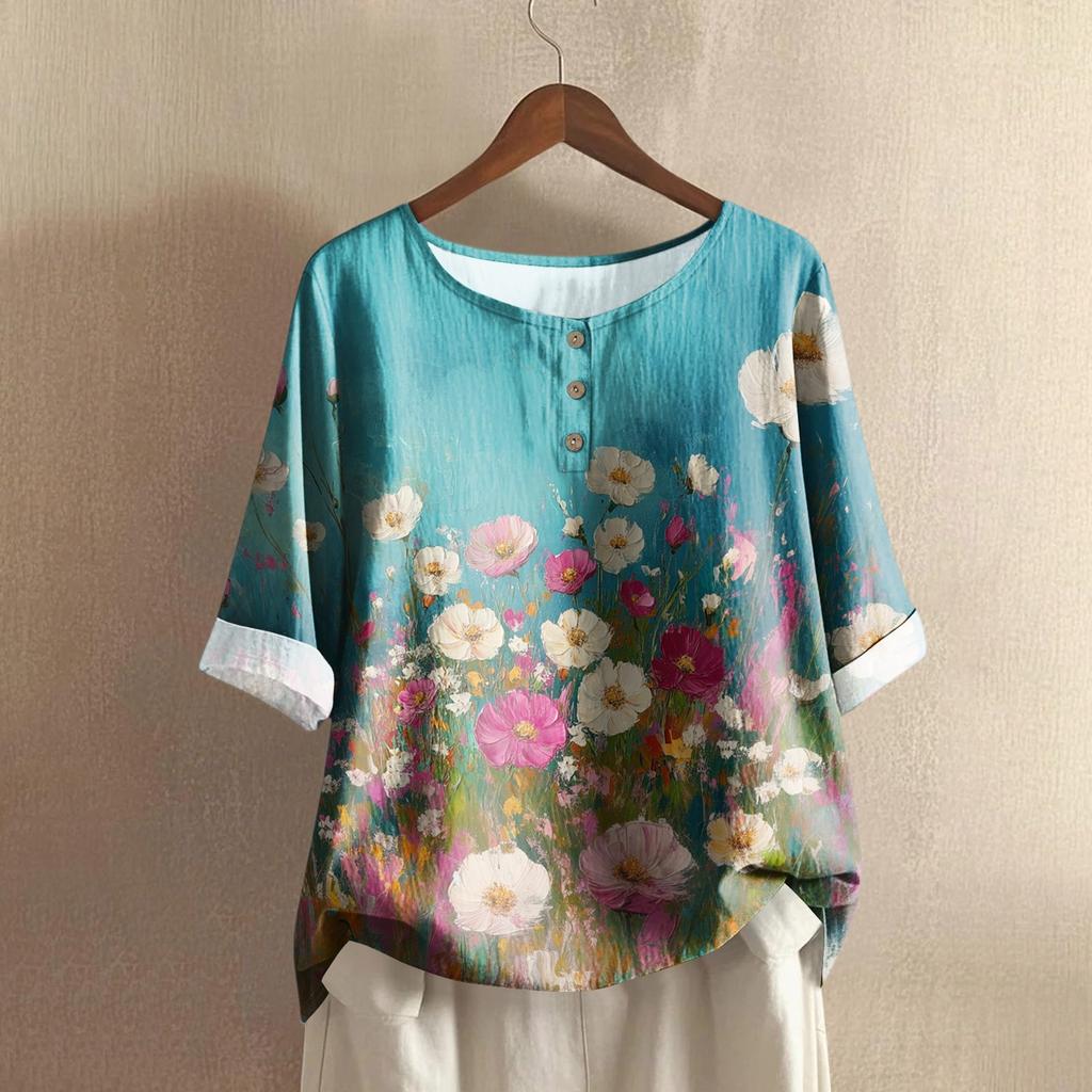 Women's Fashionable And Casual Shirt Half-sleeve Round Neck Print Cotton And Linen Blouse Top