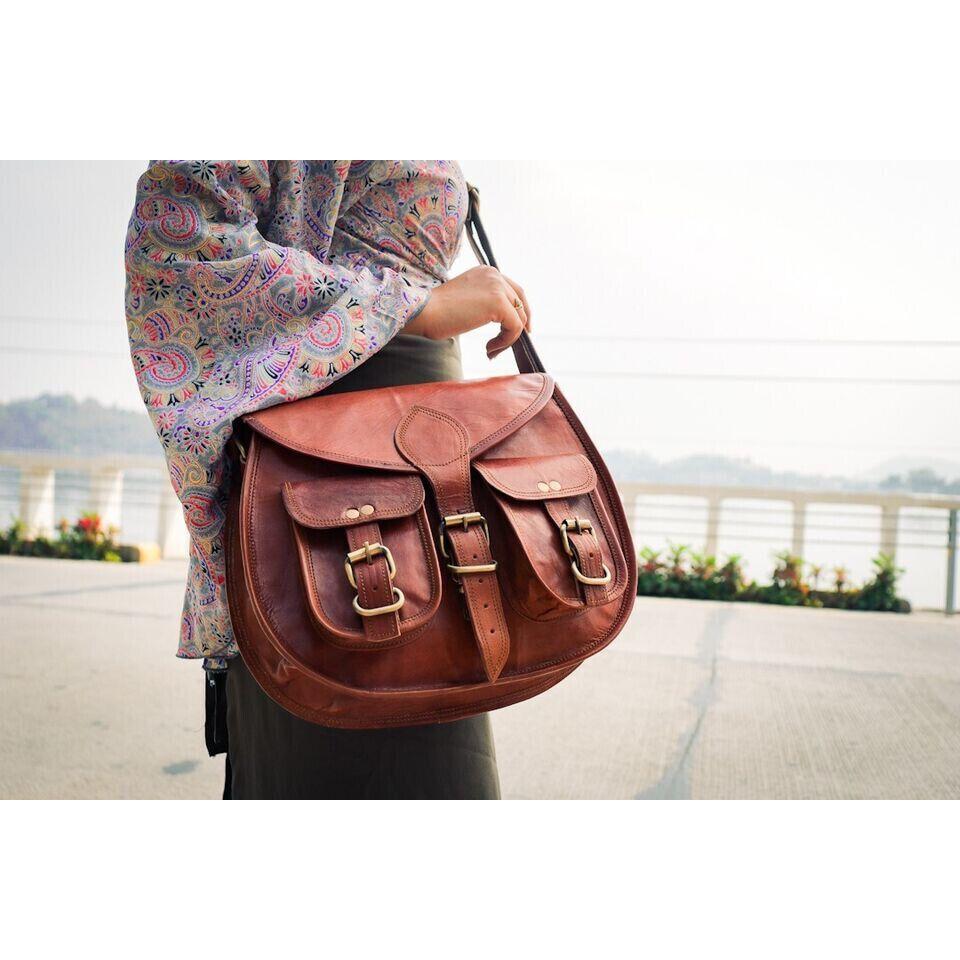 Real Goat Leather Vintage Crossbody Purse Women's Satchel Handmade Shoulder Bag