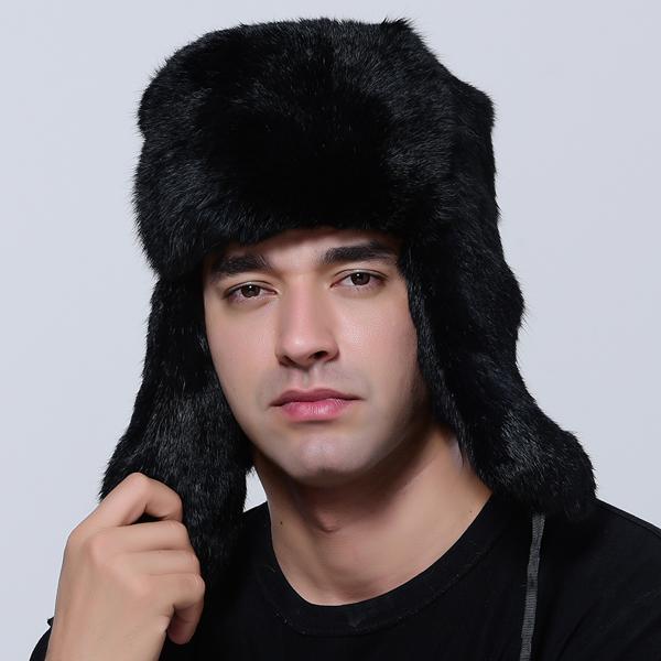 New Men's Winter Bomber Hat Thick Warm Rabbit Fur Trapper Ushanka Russia Style Ear Flap Cap for Cold Weather