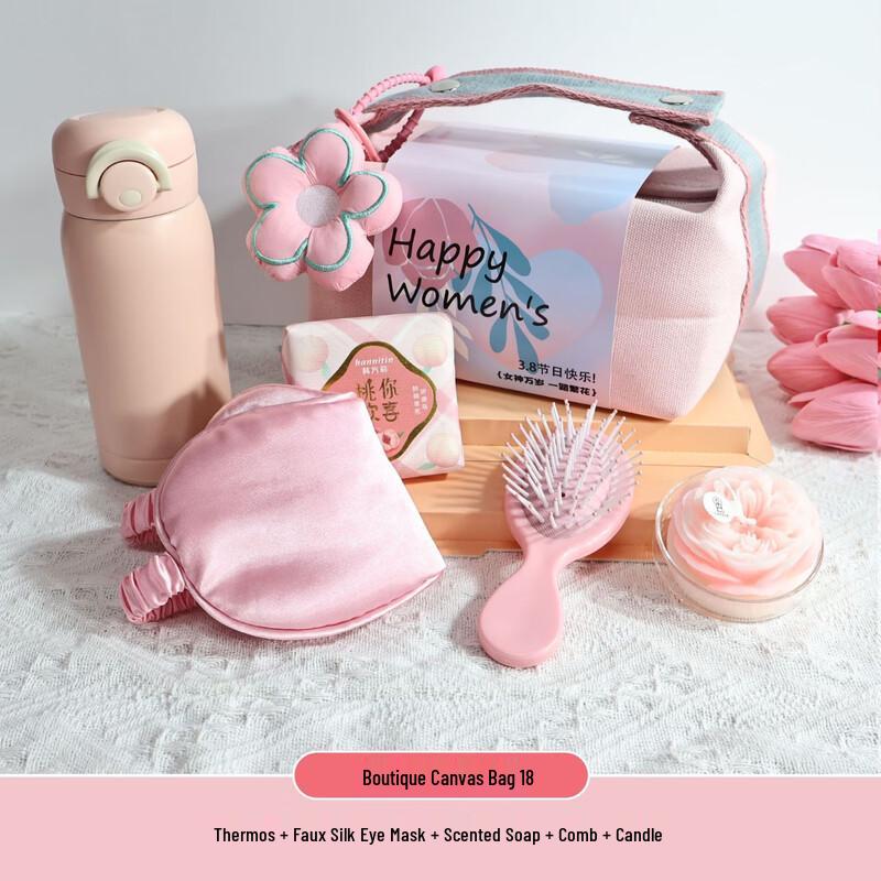 Women s Day Gift Set with Canvas Bag, Thermos, Eye Mask, Soap, Comb, and Candle