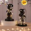 Preserved Black Roses in Glass Dome Halloween Light-up Eternal Flower in Cloche with Skull Pumpkin Statue for Home Kitchen Mantel Tabletop Decor