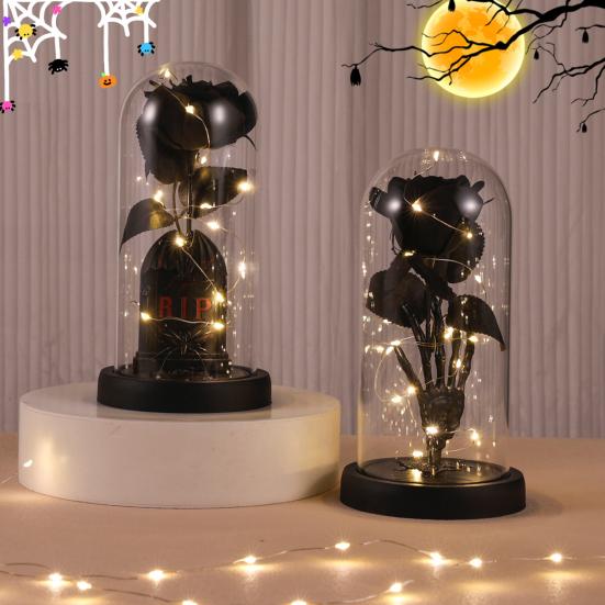 Preserved Black Roses in Glass Dome Halloween Light-up Eternal Flower in Cloche with Skull Pumpkin Statue for Home Kitchen Mantel Tabletop Decor