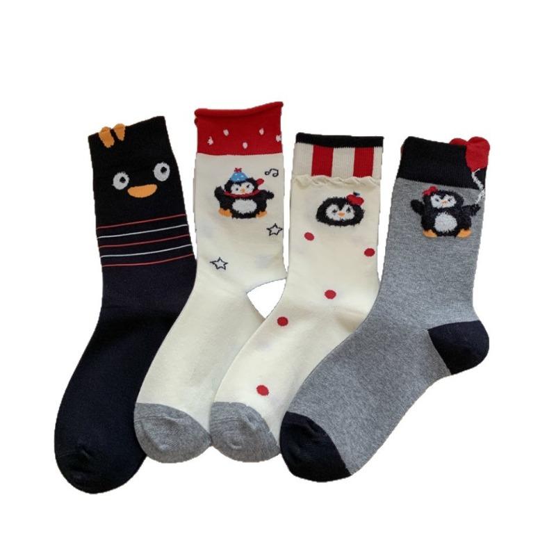 Cartoon, Trendy and Cute Penguin Socks, Women's Mid-calf Socks, Pure Cotton Boneless Creative and Cute Animal Pile Long Socks