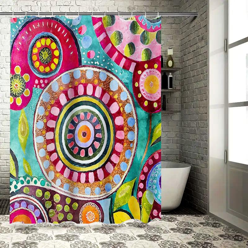 Bright Abstract Shower Curtain Bath Decor with Floral Circle Patterns in Pink, Blue, Yellow Green Colors Size 72 x 84 Inches (1