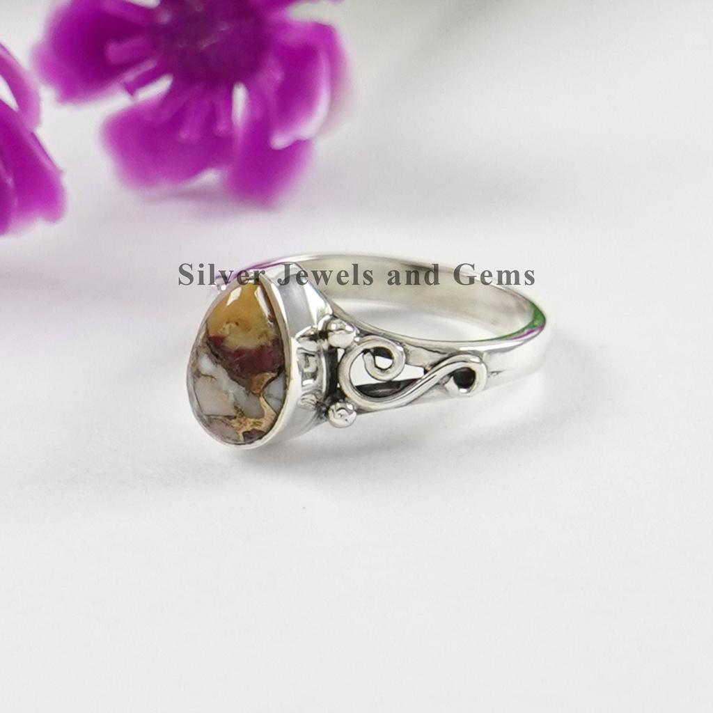 Spiny Oyster Turquoise Ring, Teardrop Mohave Turquoise Ring, Handmade 925 Sterling Silver December Birthstone Ring, Dainty Ring