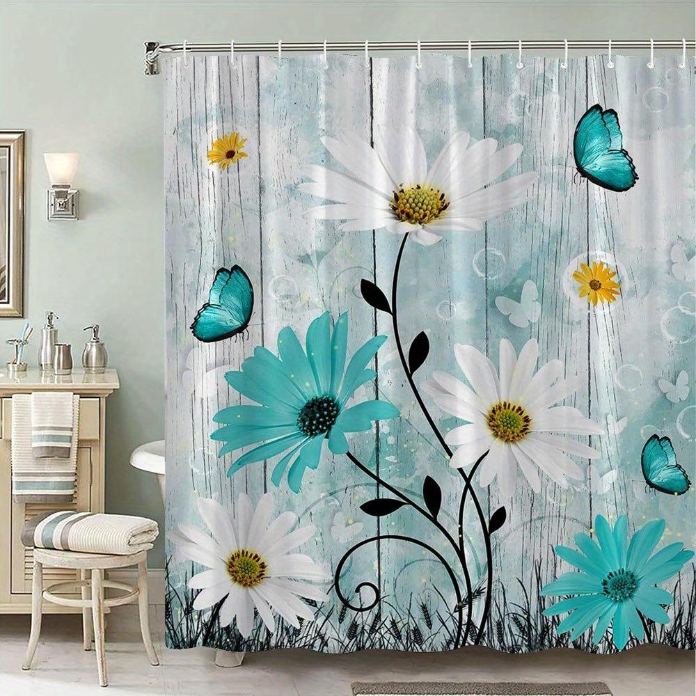 

Brightly Colored Butterfly Daisies Shower Curtain Washable Dirt-Resistant Shower Head Waterproof Polyester Bath Curtain W60H190(CM)-1 Pcs