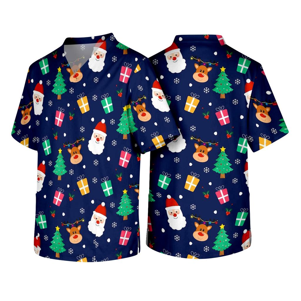 Men's Christmas Themed Holiday Caregiver Uniform for Work in Hospitals and Clinics