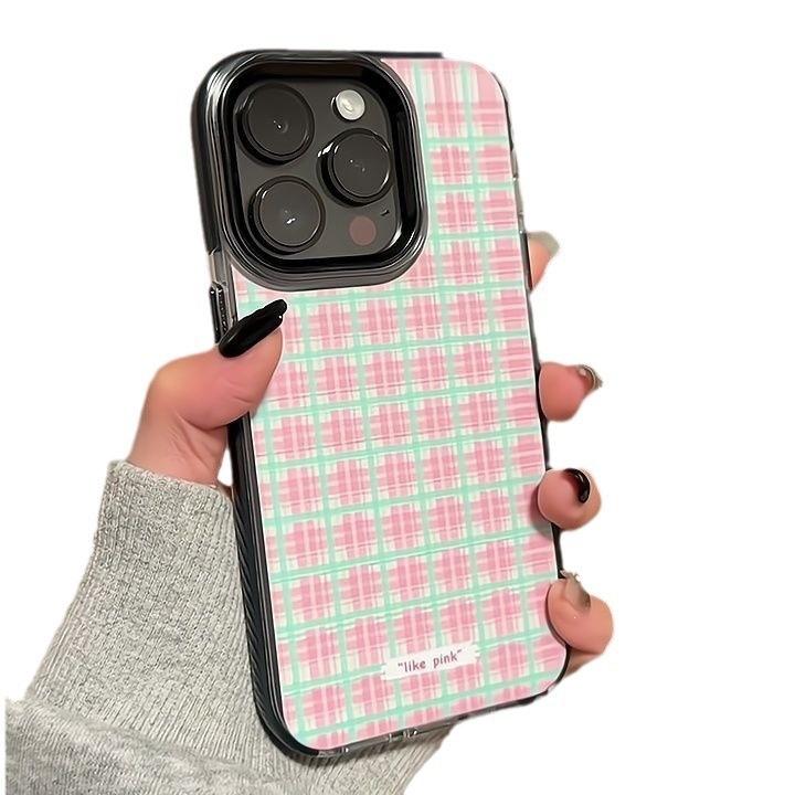 Pink and Green Plaid Is Suitable for Apple 16promax Anti-drop Mobile Phone Case iPhone15plus/14pro/13/xsxr.
