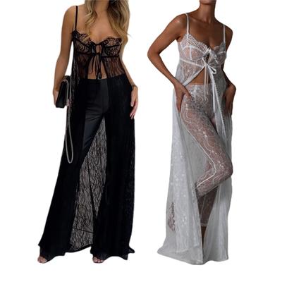 Women 's Summer Long Beach Dress Sleeveless Backless Sheer Lace Split Bikini Cover Up