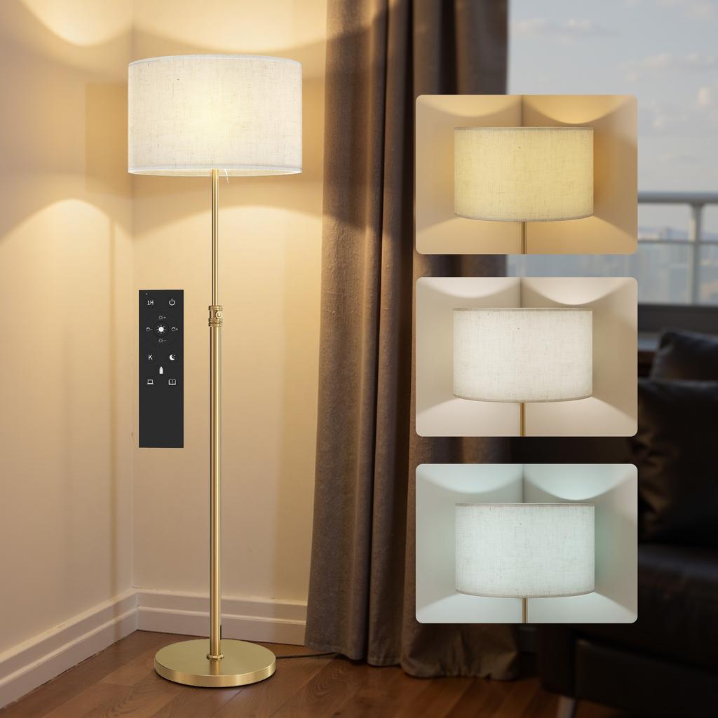 Floor Lamp with Remote, Height Adjustable Standing Lamp with Linen Shade, Dimmable with 3000K-6000K Adjustable Colour Temperatures