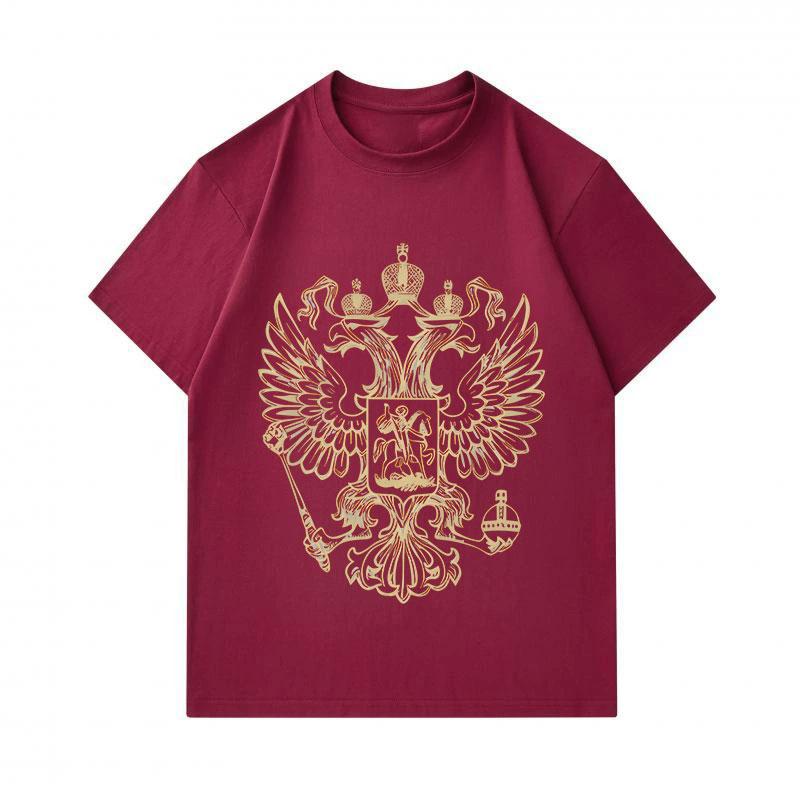 Men's 100% Cotton Crew Neck Short Sleeve T-Shirt, Golden Double Headed Eagle Emblem Printed Casual Breathable Comfortable Classic Loose Fit Daily Wear