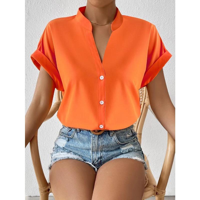 Women's Fashion Casual Solid Color Print Short Sleeve V Neck Blouses & Shirts
