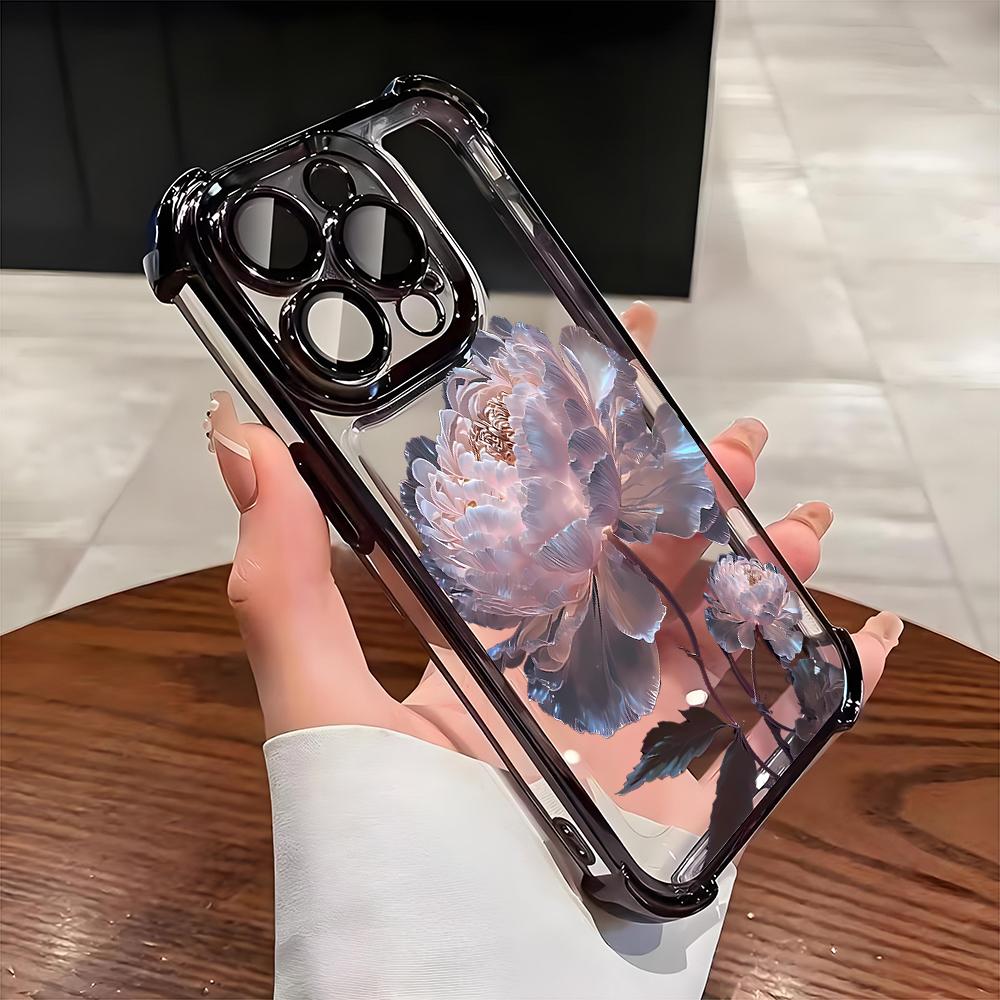 

Pink Peony Lotus Print Electroplated AntiDrop Phone Case For iPhone 16 Pro Max 15 14 Plus 13 12 11 17 Air 16E Transparent Cover iPhone17 Pro Max