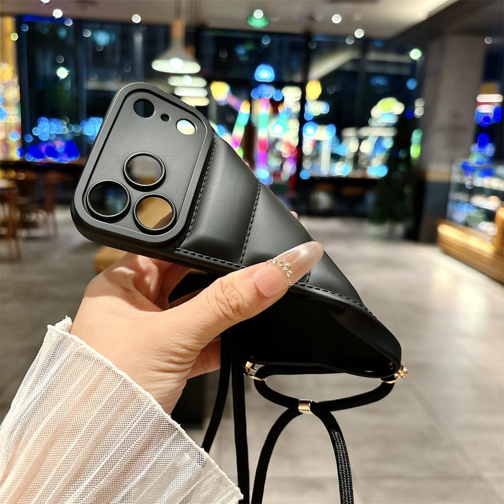 Soft Down Jacket Lanyard Crossbody Case For iPhone 17 16 15 14 13 12 11 Pro Max Plus Air XR XS Max Long Strap Solid Color Cover
