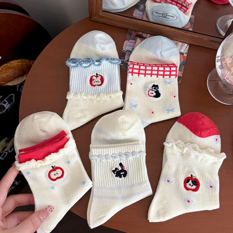 Women's Cute Japanese Cartoon Lace Socks - Thin Spring/Summer White Mid-Calf Style