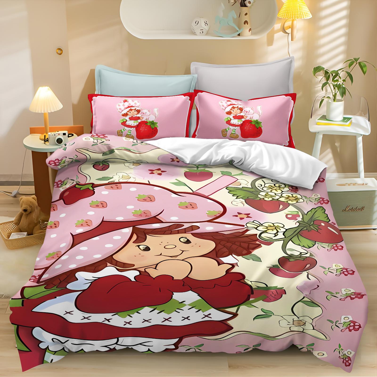 Ensemble de housse de couette Cartoon Fraise Cœur Doux, Ensemble de literie Rose, Literie pour Enfants et Adultes, Décor de Chambre d'Fille 90x200cm