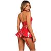Women PU Leather Crop Top Halter Back Lace Up Built-in Briefs Miniskirt Garter Clips Clubwear Set
