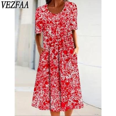 Abiti casual da donna, moda estate primavera, stampa motivo floreale, manica corta, o-collo, vita centrale