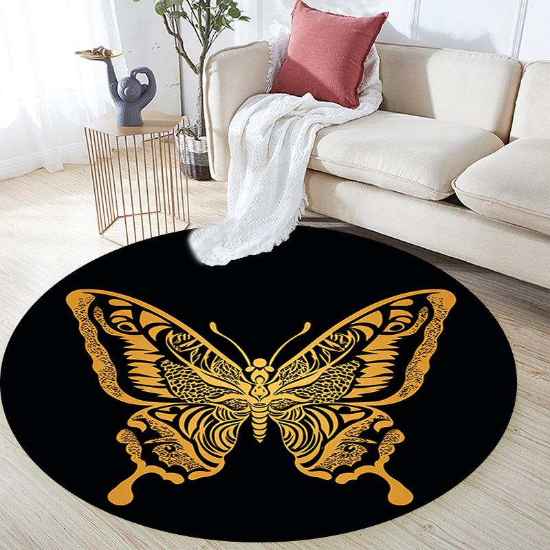 Golden Butterfly Round Area Rug,Carpet Rug for Living Room Bedroom Sofa Playroom Decor,Non-slip Floor Mat