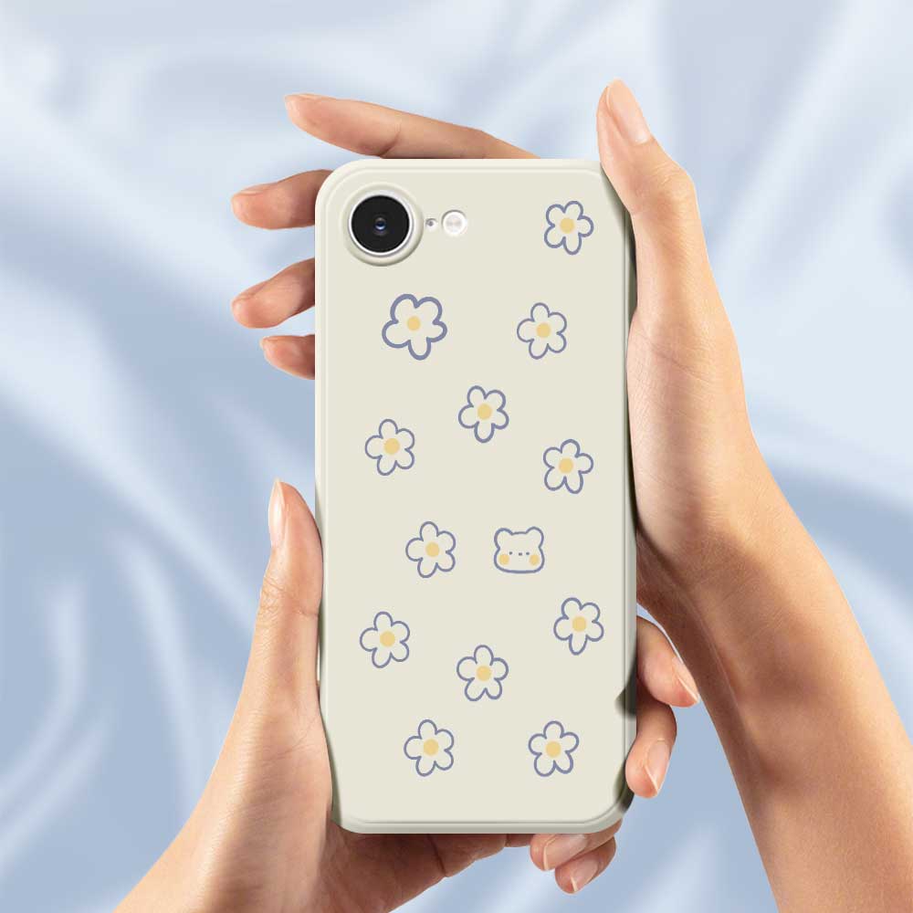 For iPhone 16e Case Cute Floral Bear Pattern Printing Straight Edge TPU Phone Back Cover