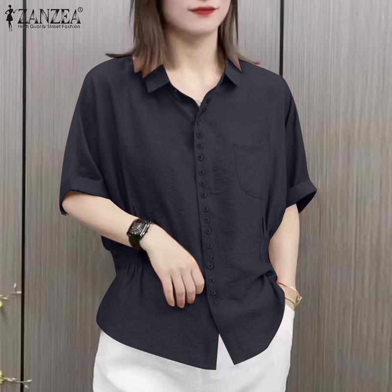 ZANZEA Women Casual Turn Down Collar Summer Short Sleeve Blouse