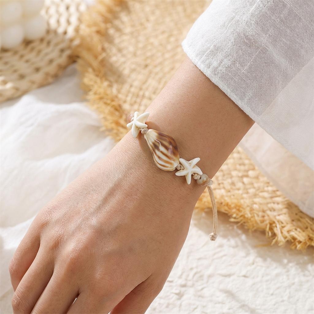 Braccialetti Boho Chic Beige con Cordino, Conchiglia e Stella Marina per Donne, Braccialetto Fatto a Mano, Gioielli Estivi da Spiaggia, Regalo per Amico Surfer, Coppia