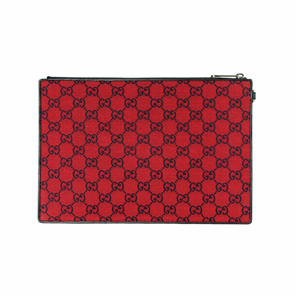 Gucci Red GG Monogram Canvas Leather Trim Wristlet Clutch Pouch For Unisex Daily Use