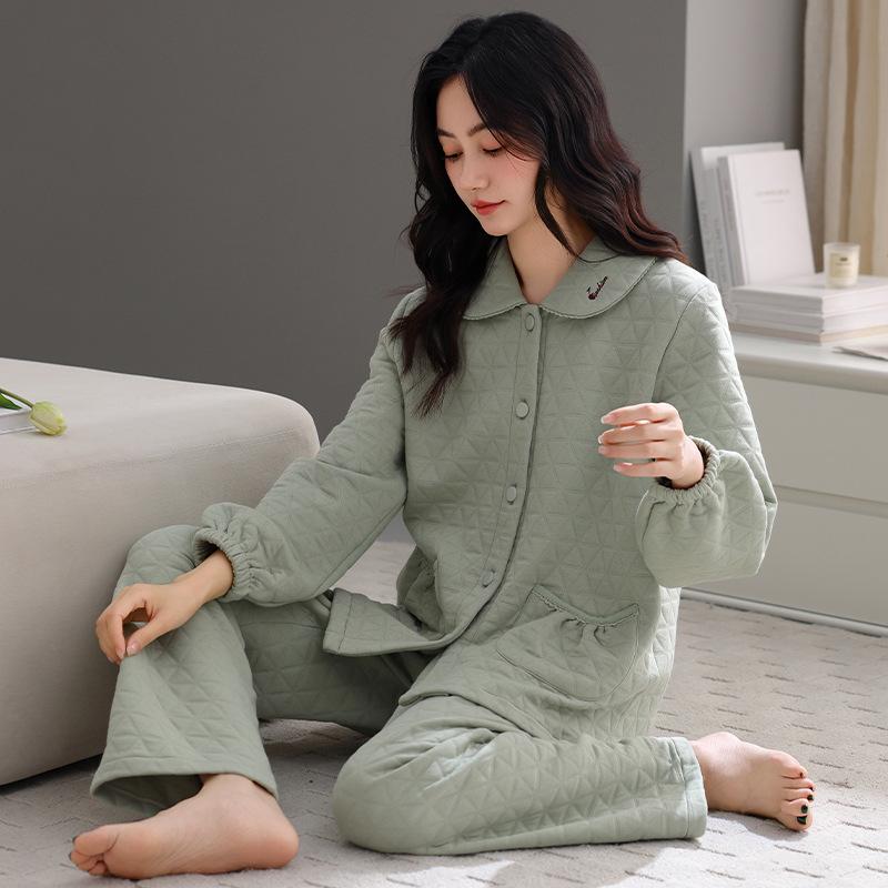 

Air Cotton Pajamas Women S Spring And Autumn Thickened Pure Cotton Loungewear Autumn And Winter Interlayer Thin Padded Cotton Set 3XL