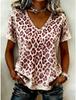 Women's Vintage Red Leopard Print V-Neck T-Shirt, Casual Short Sleeve Tops, Retro Style Daily Wear for Spring & Summer