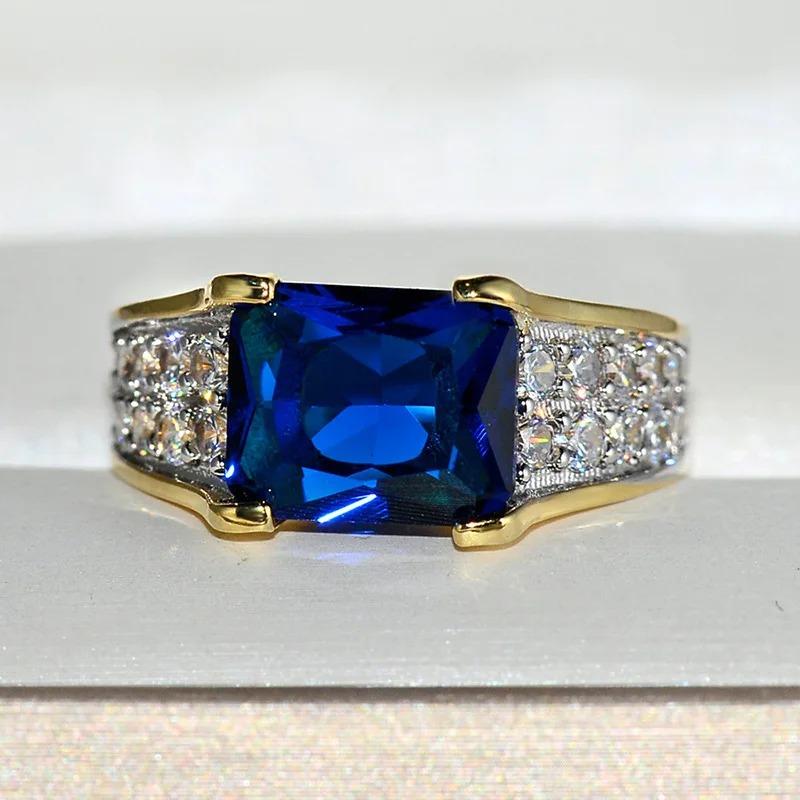 Vintage Gold Luxury Blue Crystal AAA Cubic Zirconia Rings for Men and Women Metal Plated Silver Wedding Engagement Party Ring