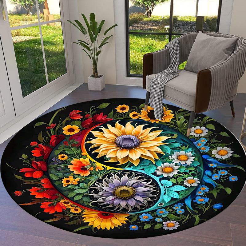 1pc Floral Yin Yang Mandala Round carpet, Made of Polyester,Perfect for Decorating Office Chairs, Living Rooms