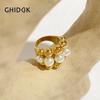 Ghidbk Stainless Steel Chunky Gold Plated Ball Faux Pearls Ring Women Statement Big Large Rings Hyperbole Zircon Waterproof