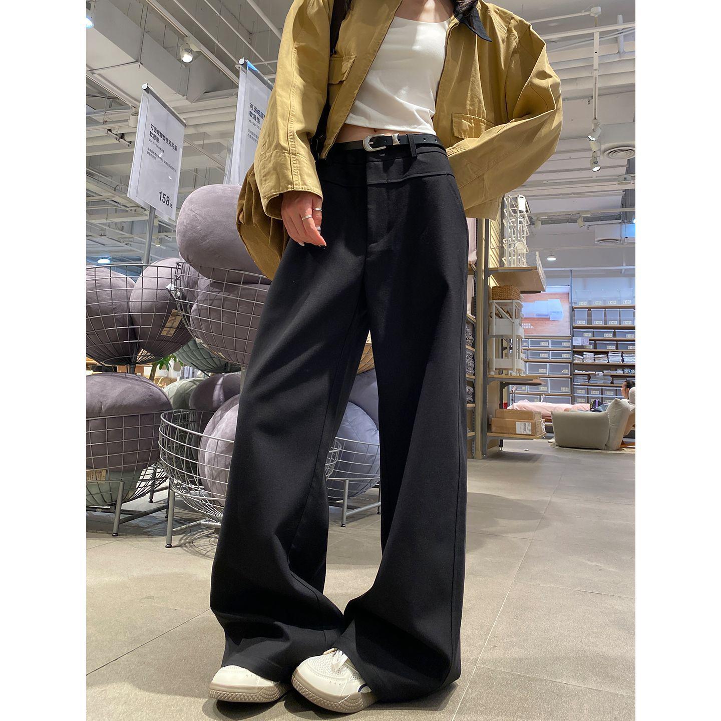 

Khaki High-Waisted Drapey Wide-Leg Pants for Women - Spring/Autumn 2026, Old Money Style, Slimming Straight-Leg Suit. M (For 95-105 lbs)