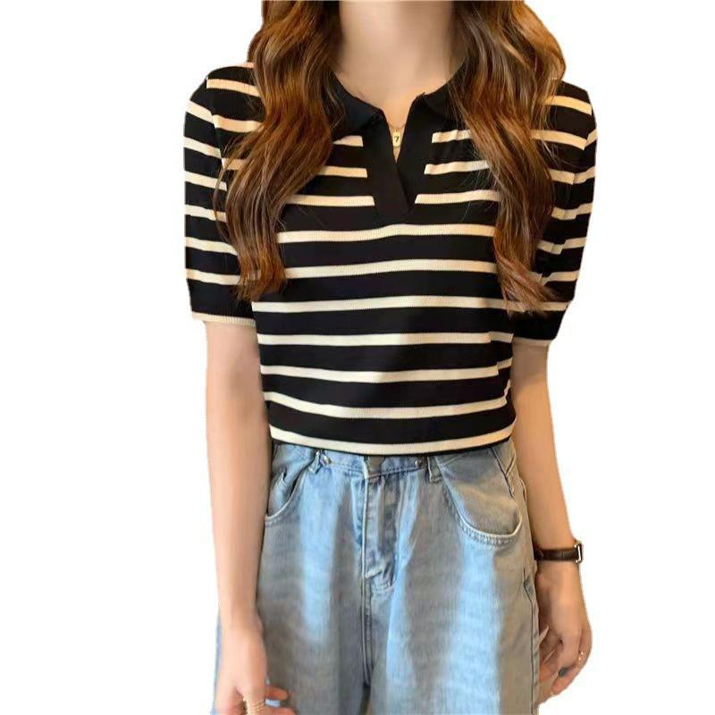 Womens Striped Knit Top With Contrast Collar Slim Fit Short Sleeve Tee
