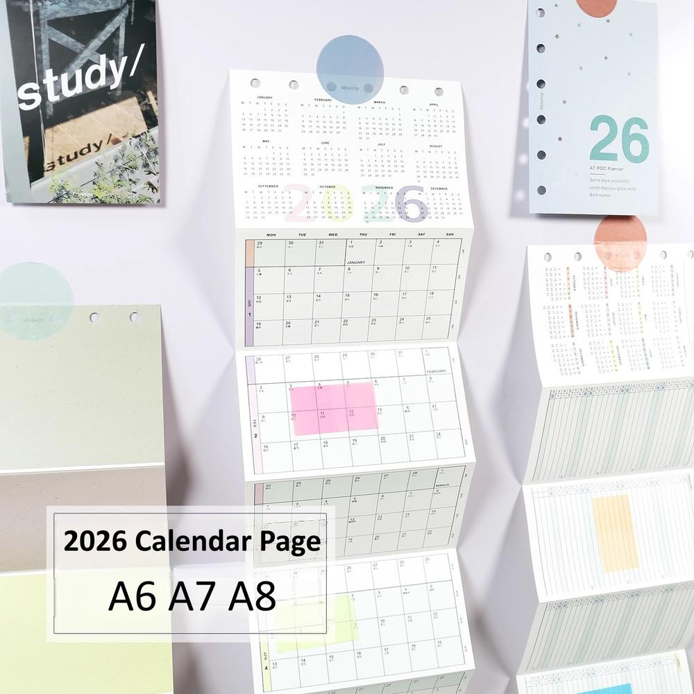 Calendario 2026 A6 A7 A8 M5 Anual Mensual Planificador de Calendario Páginas Interiores Hojas Sueltas Núcleo de Repuesto Recambios Papel Manual de Bricolaje