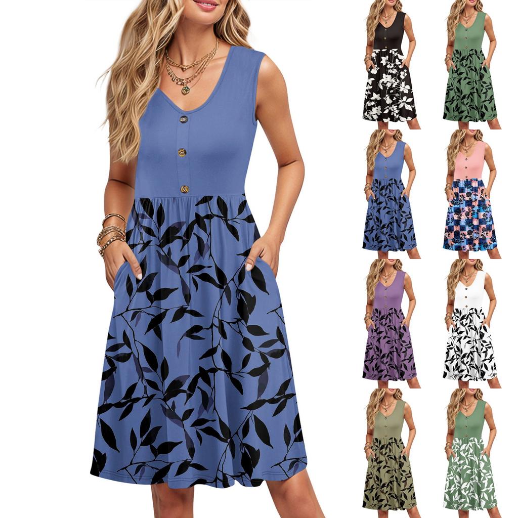 Women Summer Printing Dresses Sleeveless Casual Loose Swing Button Down Midi Sundress With Pockets