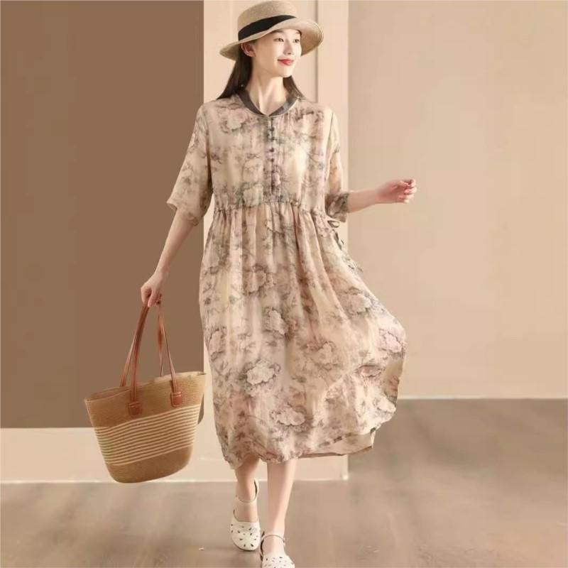 Johnature Women Vintage Dress Print Floral High Quality Stand Half Sleeve Chinese Style Cloths Summer Dress