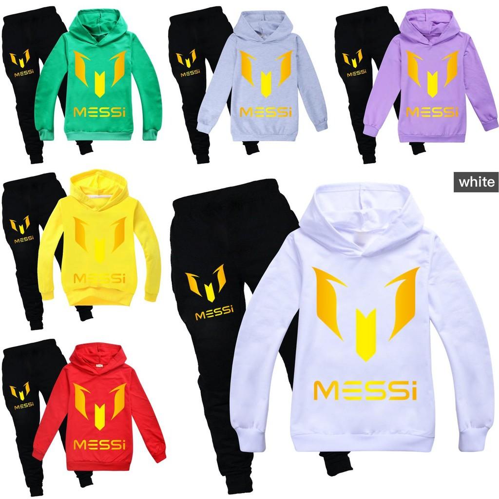 Messi Letter Print Cartoon Kids Hoodie And Pants Set With Cotton Fabric