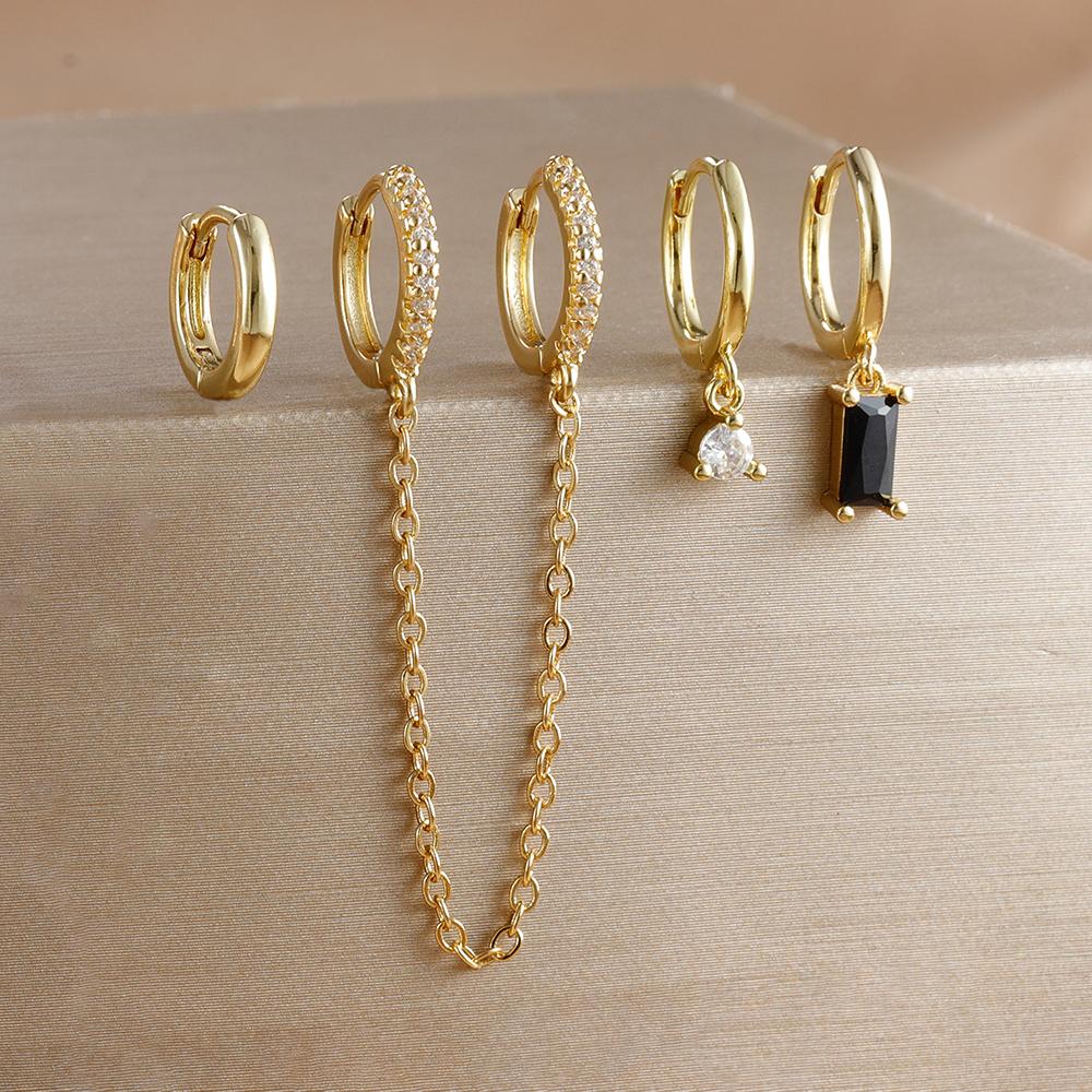 4pcs Fashion Colorful Zirconia Chain Square Earrings Set for Women Two Hole Round Circle Gold Color Hoop Earring Wedding Jewelry