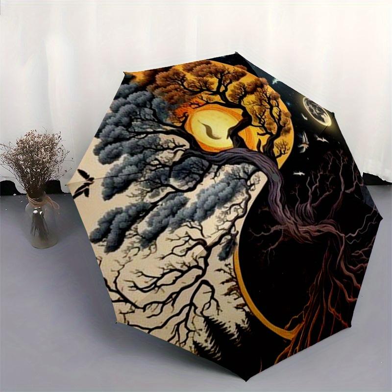 Drzewo Życia Yin Yang Faza Księżyca Plakat do Druku na Ścianę Parasol, Przenośny Kompaktowy Parasol Składany na 3 Części dla Mężczyzn i Kobiet,S96