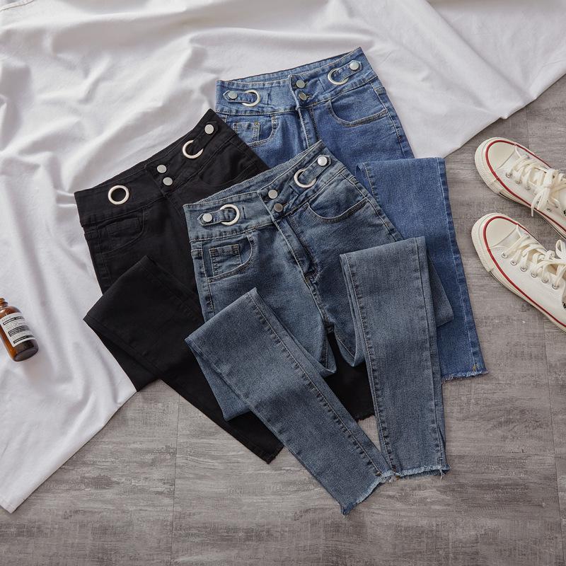 Damen Skinny Jeans mit hohem Bund und ausgefranstem Saum - 2021 Schlankmachend Elastische Passform