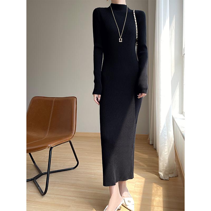 New Autumn/Winter Slimming Knit Dress for Women - Half-High Neck, Figure-Flattering, Long Length Bodycon Skirt